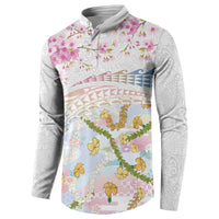 Hawaiian and Japanese Culture Together Button Sweatshirt Tribal Motifs with Lei and Japanese Sakura Pattern