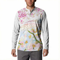 Hawaiian and Japanese Culture Together Button Sweatshirt Tribal Motifs with Lei and Japanese Sakura Pattern