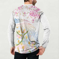 Hawaiian and Japanese Culture Together Button Sweatshirt Tribal Motifs with Lei and Japanese Sakura Pattern