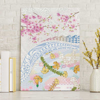 Hawaiian and Japanese Culture Together Canvas Wall Art Tribal Motifs with Lei and Japanese Sakura Pattern