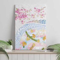 Hawaiian and Japanese Culture Together Canvas Wall Art Tribal Motifs with Lei and Japanese Sakura Pattern