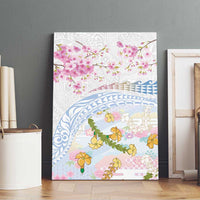 Hawaiian and Japanese Culture Together Canvas Wall Art Tribal Motifs with Lei and Japanese Sakura Pattern