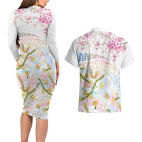 Hawaiian and Japanese Culture Together Couples Matching Long Sleeve Bodycon Dress and Hawaiian Shirt Tribal Motifs with Lei and Japanese Sakura Pattern
