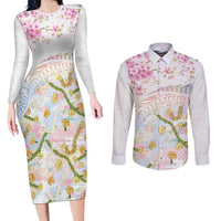 Hawaiian and Japanese Culture Together Couples Matching Long Sleeve Bodycon Dress and Long Sleeve Button Shirt Tribal Motifs with Lei and Japanese Sakura Pattern