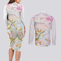 Hawaiian and Japanese Culture Together Couples Matching Long Sleeve Bodycon Dress and Long Sleeve Button Shirt Tribal Motifs with Lei and Japanese Sakura Pattern