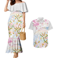 Hawaiian and Japanese Culture Together Couples Matching Mermaid Dress and Hawaiian Shirt Tribal Motifs with Lei and Japanese Sakura Pattern