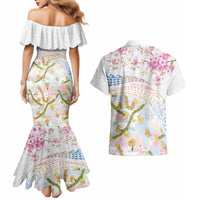 Hawaiian and Japanese Culture Together Couples Matching Mermaid Dress and Hawaiian Shirt Tribal Motifs with Lei and Japanese Sakura Pattern