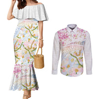 Hawaiian and Japanese Culture Together Couples Matching Mermaid Dress and Long Sleeve Button Shirt Tribal Motifs with Lei and Japanese Sakura Pattern
