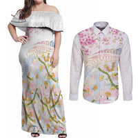 Hawaiian and Japanese Culture Together Couples Matching Off Shoulder Maxi Dress and Long Sleeve Button Shirt Tribal Motifs with Lei and Japanese Sakura Pattern
