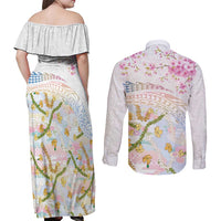 Hawaiian and Japanese Culture Together Couples Matching Off Shoulder Maxi Dress and Long Sleeve Button Shirt Tribal Motifs with Lei and Japanese Sakura Pattern