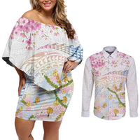 Hawaiian and Japanese Culture Together Couples Matching Off Shoulder Short Dress and Long Sleeve Button Shirt Tribal Motifs with Lei and Japanese Sakura Pattern