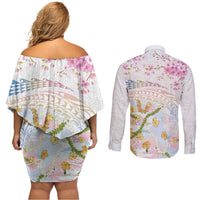 Hawaiian and Japanese Culture Together Couples Matching Off Shoulder Short Dress and Long Sleeve Button Shirt Tribal Motifs with Lei and Japanese Sakura Pattern