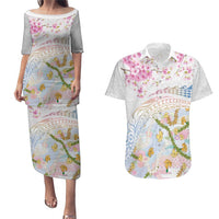 Hawaiian and Japanese Culture Together Couples Matching Puletasi and Hawaiian Shirt Tribal Motifs with Lei and Japanese Sakura Pattern