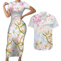 Hawaiian and Japanese Culture Together Couples Matching Short Sleeve Bodycon Dress and Hawaiian Shirt Tribal Motifs with Lei and Japanese Sakura Pattern