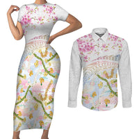 Hawaiian and Japanese Culture Together Couples Matching Short Sleeve Bodycon Dress and Long Sleeve Button Shirt Tribal Motifs with Lei and Japanese Sakura Pattern