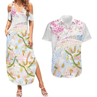 Hawaiian and Japanese Culture Together Couples Matching Summer Maxi Dress and Hawaiian Shirt Tribal Motifs with Lei and Japanese Sakura Pattern