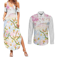 Hawaiian and Japanese Culture Together Couples Matching Summer Maxi Dress and Long Sleeve Button Shirt Tribal Motifs with Lei and Japanese Sakura Pattern