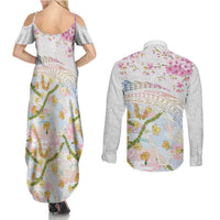 Hawaiian and Japanese Culture Together Couples Matching Summer Maxi Dress and Long Sleeve Button Shirt Tribal Motifs with Lei and Japanese Sakura Pattern