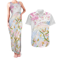 Hawaiian and Japanese Culture Together Couples Matching Tank Maxi Dress and Hawaiian Shirt Tribal Motifs with Lei and Japanese Sakura Pattern