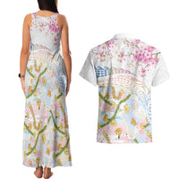 Hawaiian and Japanese Culture Together Couples Matching Tank Maxi Dress and Hawaiian Shirt Tribal Motifs with Lei and Japanese Sakura Pattern