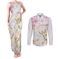 Hawaiian and Japanese Culture Together Couples Matching Tank Maxi Dress and Long Sleeve Button Shirt Tribal Motifs with Lei and Japanese Sakura Pattern