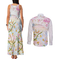 Hawaiian and Japanese Culture Together Couples Matching Tank Maxi Dress and Long Sleeve Button Shirt Tribal Motifs with Lei and Japanese Sakura Pattern
