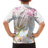 Hawaiian and Japanese Culture Together Family Matching Long Sleeve Bodycon Dress and Hawaiian Shirt Tribal Motifs with Lei and Japanese Sakura Pattern