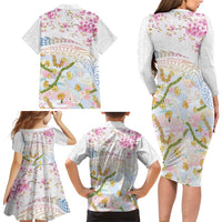 Hawaiian and Japanese Culture Together Family Matching Long Sleeve Bodycon Dress and Hawaiian Shirt Tribal Motifs with Lei and Japanese Sakura Pattern