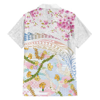 Hawaiian and Japanese Culture Together Family Matching Long Sleeve Bodycon Dress and Hawaiian Shirt Tribal Motifs with Lei and Japanese Sakura Pattern