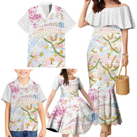 Hawaiian and Japanese Culture Together Family Matching Mermaid Dress and Hawaiian Shirt Tribal Motifs with Lei and Japanese Sakura Pattern