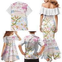 Hawaiian and Japanese Culture Together Family Matching Mermaid Dress and Hawaiian Shirt Tribal Motifs with Lei and Japanese Sakura Pattern