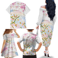 Hawaiian and Japanese Culture Together Family Matching Off The Shoulder Long Sleeve Dress and Hawaiian Shirt Tribal Motifs with Lei and Japanese Sakura Pattern
