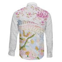 Hawaiian and Japanese Culture Together Family Matching Off The Shoulder Long Sleeve Dress and Hawaiian Shirt Tribal Motifs with Lei and Japanese Sakura Pattern