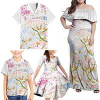 Hawaiian and Japanese Culture Together Family Matching Off Shoulder Maxi Dress and Hawaiian Shirt Tribal Motifs with Lei and Japanese Sakura Pattern