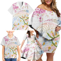 Hawaiian and Japanese Culture Together Family Matching Off Shoulder Short Dress and Hawaiian Shirt Tribal Motifs with Lei and Japanese Sakura Pattern