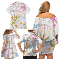 Hawaiian and Japanese Culture Together Family Matching Off Shoulder Short Dress and Hawaiian Shirt Tribal Motifs with Lei and Japanese Sakura Pattern
