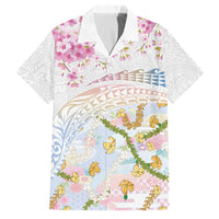 Hawaiian and Japanese Culture Together Family Matching Off Shoulder Short Dress and Hawaiian Shirt Tribal Motifs with Lei and Japanese Sakura Pattern