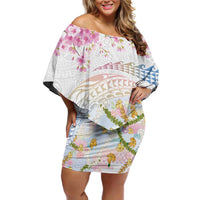 Hawaiian and Japanese Culture Together Family Matching Off Shoulder Short Dress and Hawaiian Shirt Tribal Motifs with Lei and Japanese Sakura Pattern