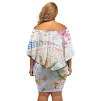 Hawaiian and Japanese Culture Together Family Matching Off Shoulder Short Dress and Hawaiian Shirt Tribal Motifs with Lei and Japanese Sakura Pattern