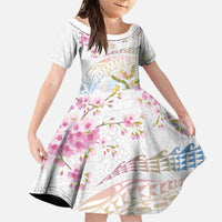 Hawaiian and Japanese Culture Together Family Matching Puletasi and Hawaiian Shirt Tribal Motifs with Lei and Japanese Sakura Pattern