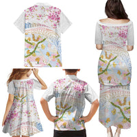 Hawaiian and Japanese Culture Together Family Matching Puletasi and Hawaiian Shirt Tribal Motifs with Lei and Japanese Sakura Pattern