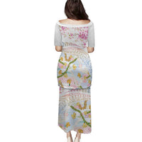 Hawaiian and Japanese Culture Together Family Matching Puletasi and Hawaiian Shirt Tribal Motifs with Lei and Japanese Sakura Pattern