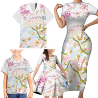 Hawaiian and Japanese Culture Together Family Matching Short Sleeve Bodycon Dress and Hawaiian Shirt Tribal Motifs with Lei and Japanese Sakura Pattern