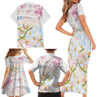 Hawaiian and Japanese Culture Together Family Matching Short Sleeve Bodycon Dress and Hawaiian Shirt Tribal Motifs with Lei and Japanese Sakura Pattern