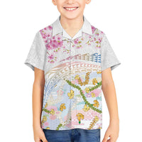 Hawaiian and Japanese Culture Together Family Matching Short Sleeve Bodycon Dress and Hawaiian Shirt Tribal Motifs with Lei and Japanese Sakura Pattern