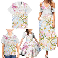 Hawaiian and Japanese Culture Together Family Matching Summer Maxi Dress and Hawaiian Shirt Tribal Motifs with Lei and Japanese Sakura Pattern