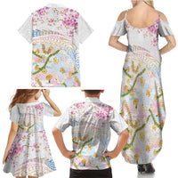 Hawaiian and Japanese Culture Together Family Matching Summer Maxi Dress and Hawaiian Shirt Tribal Motifs with Lei and Japanese Sakura Pattern