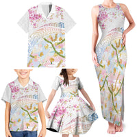 Hawaiian and Japanese Culture Together Family Matching Tank Maxi Dress and Hawaiian Shirt Tribal Motifs with Lei and Japanese Sakura Pattern