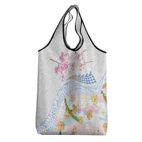 Hawaiian and Japanese Culture Together Grocery Bag Tribal Motifs with Lei and Japanese Sakura Pattern