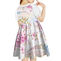 Hawaiian and Japanese Culture Together Kid Short Sleeve Dress Tribal Motifs with Lei and Japanese Sakura Pattern